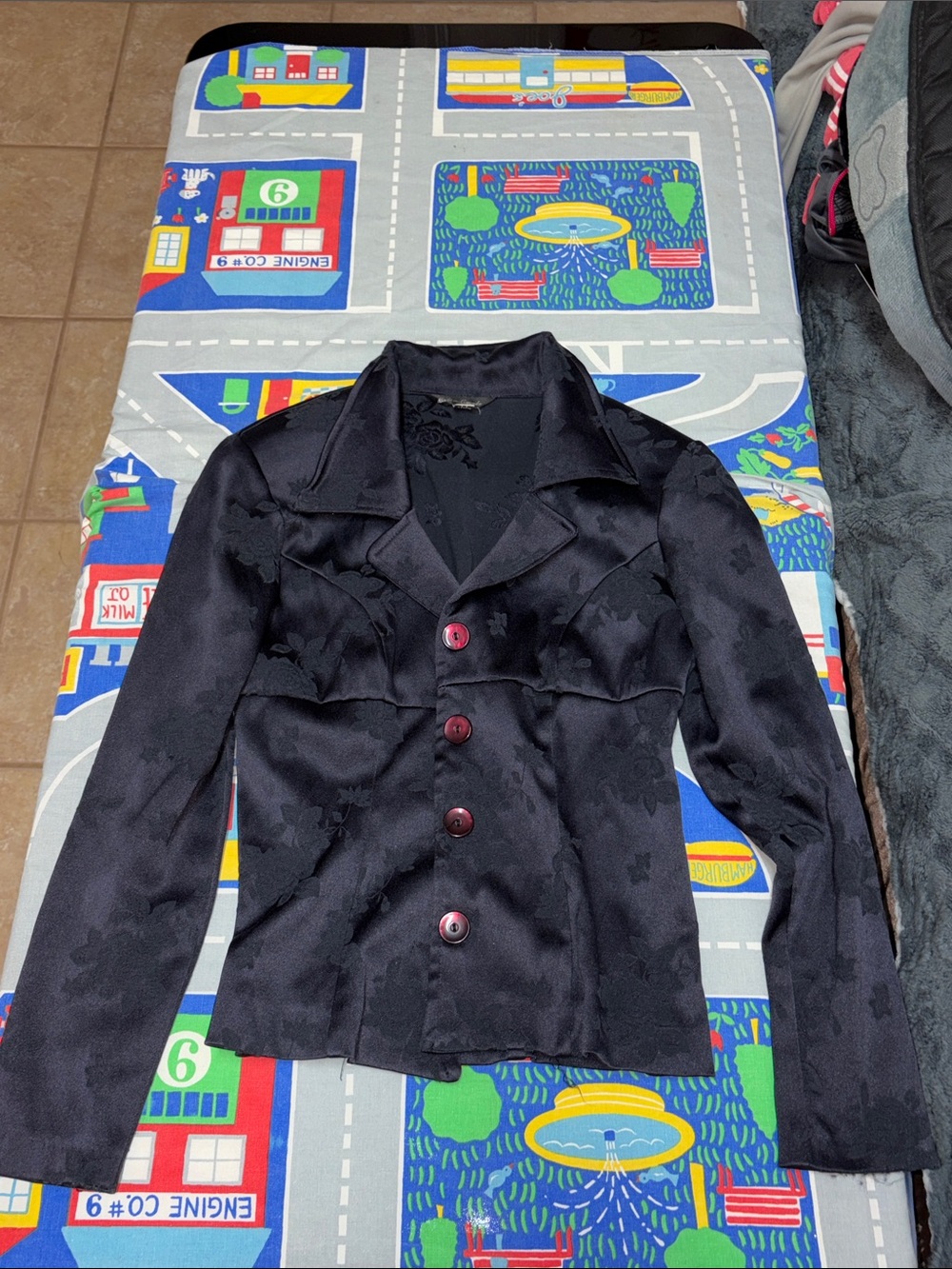 Navy blue vintage floral satin blazer